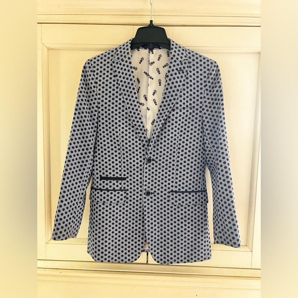 James Morgan 100% Linen Boys Blazer Sz 16 Navy Polka Dot